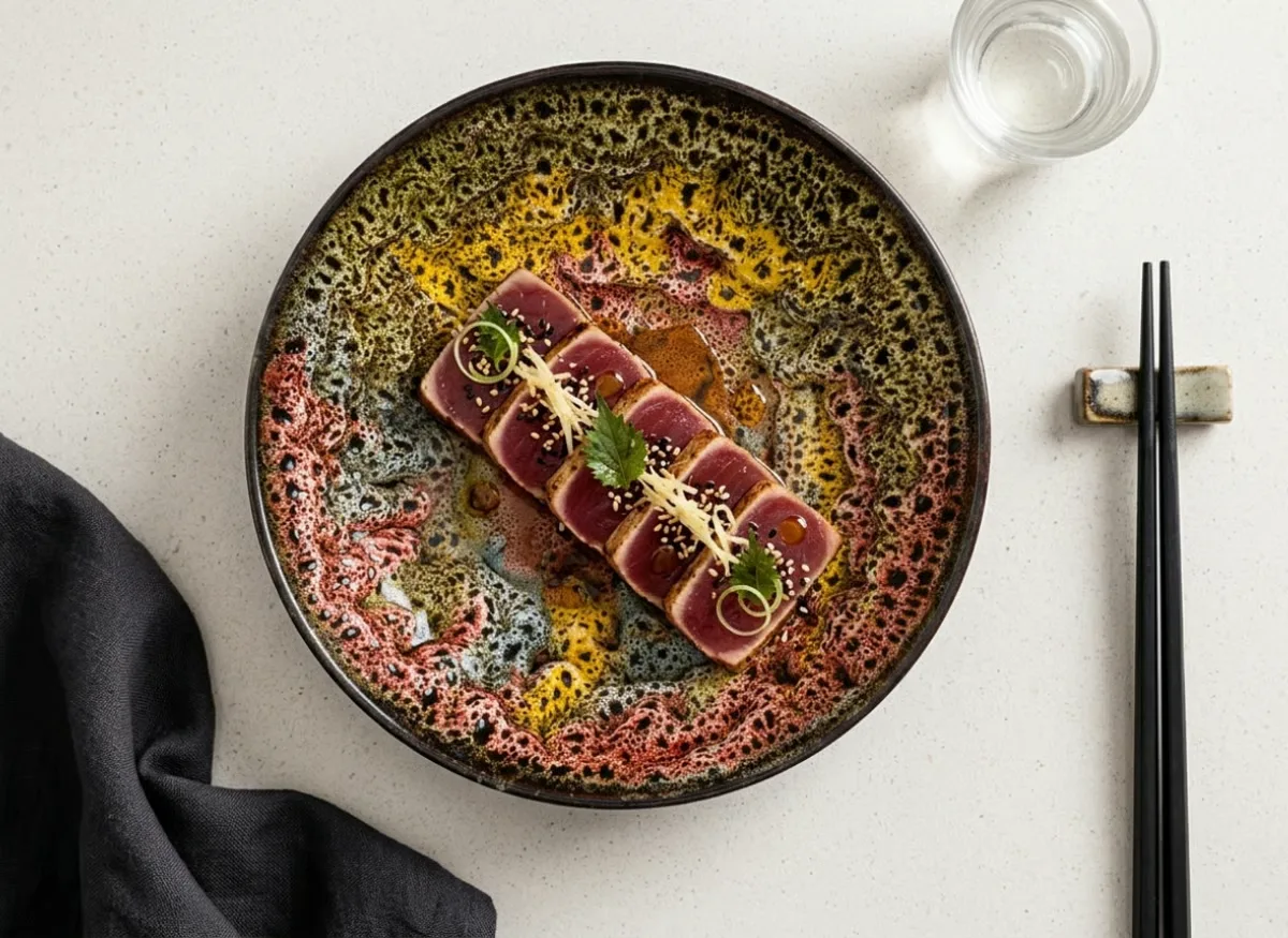 Seared tuna tataki plated on an Annamis reactive-glaze porcelain bowl